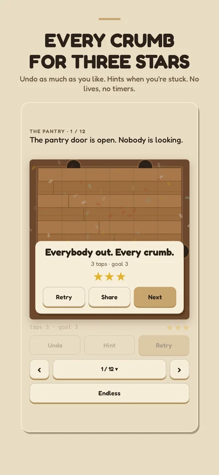 Three stars and confetti on a solved room