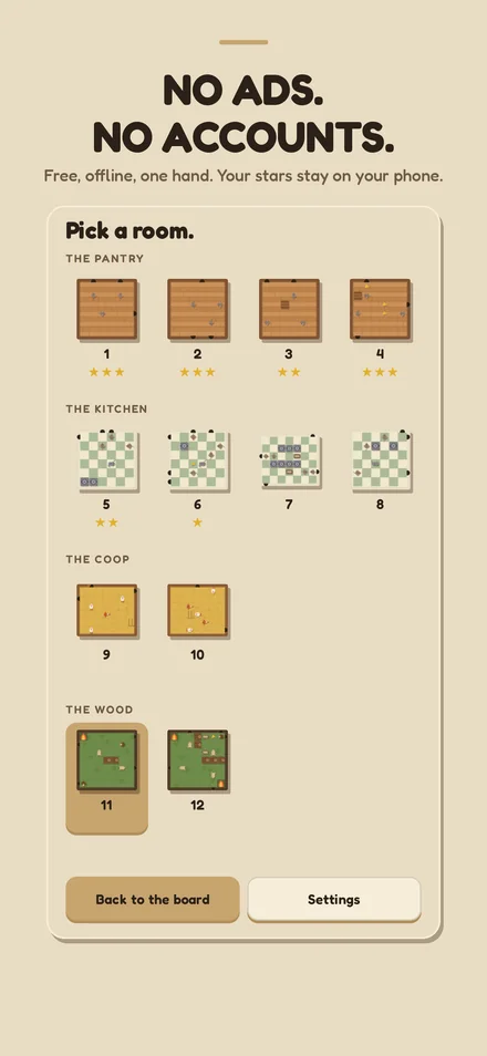 The level picker: twelve rooms across four chapters